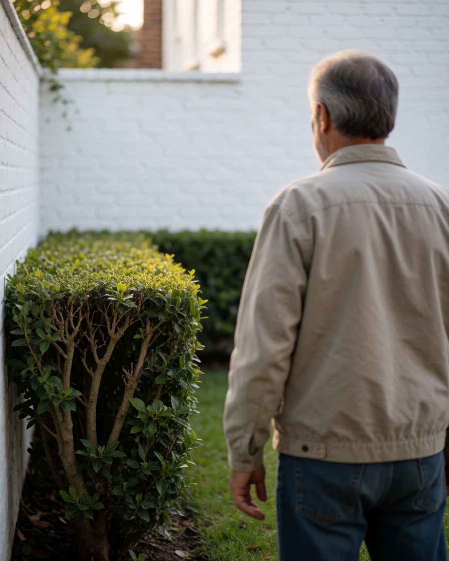 Un homme adulte regarde une haie bien entretenue dans un jardin résidentiel avec un mur de briques blanches et une douce lumière du coucher de soleil.