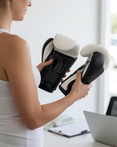 Une cliente examine des gants de boxe blancs et noirs dans un studio éclairé par la lumière naturelle, idéal pour une entreprise d'instructeur de boxe.