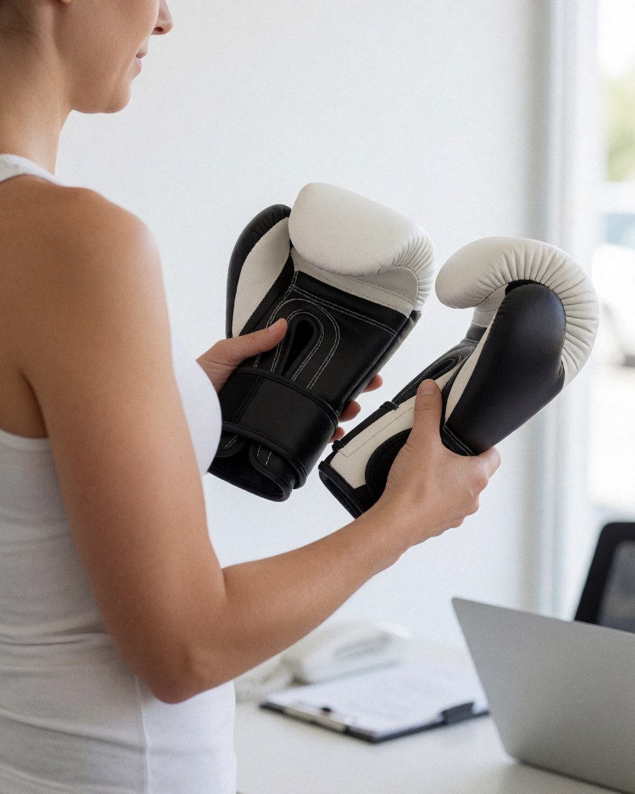 Une cliente examine des gants de boxe blancs et noirs dans un studio éclairé par la lumière naturelle, idéal pour une entreprise d'instructeur de boxe.