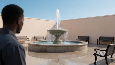 Un homme de dos contemple une fontaine au centre d'une place avec des bancs vides et des murs beiges sous un ciel bleu clair.