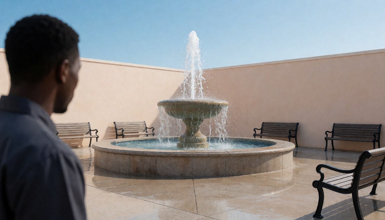 Un homme de dos contemple une fontaine au centre d'une place avec des bancs vides et des murs beiges sous un ciel bleu clair.
