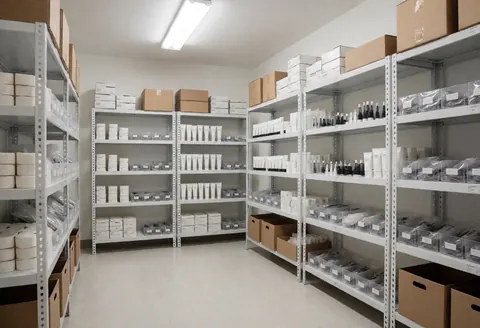 Intérieur d'un salon avec étagères métalliques contenant des produits de lamination de sourcils en emballages stériles, sol en vinyle et éclairage fluorescent.