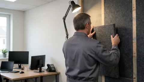 Un technicien pose de l'isolation thermique en laine de roche sur un mur, éclairé par une lampe de travail dans un environnement de bureau moderne.