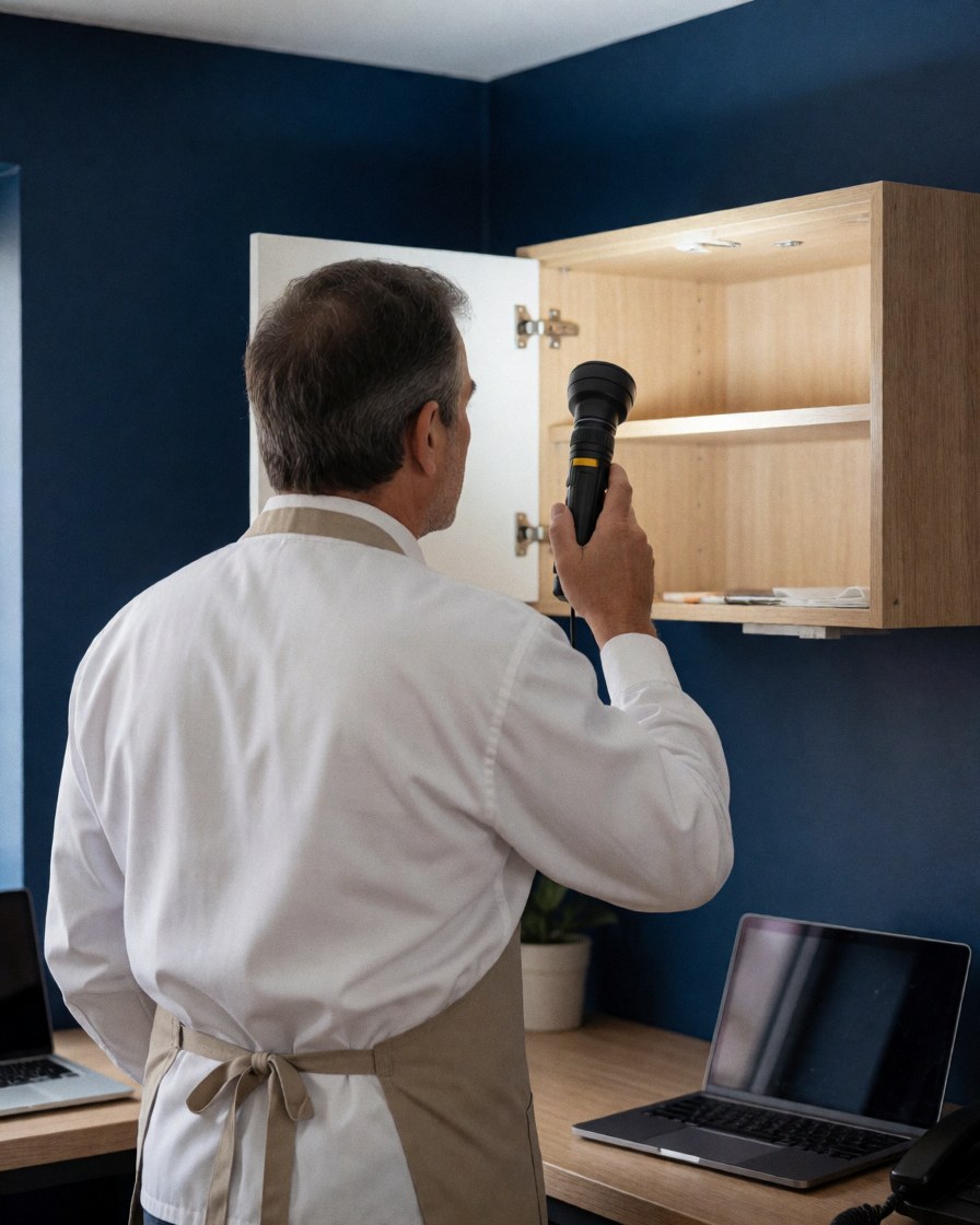 Un homme portant un tablier examine l'intérieur d'un meuble à l'aide d'une lampe, sur fond de mur bleu foncé, dans un environnement propre et ordonné.