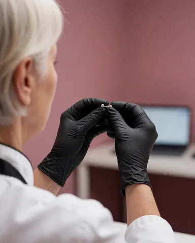 Une pierceuse en gants noirs examine attentivement un barbell dans un studio professionnel, sur fond rose, vêtue de blanc, reflétant rigueur et expertise.