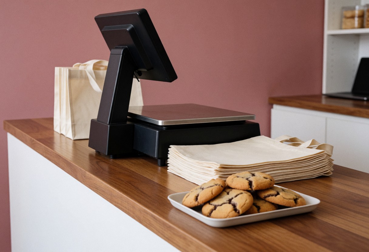 Comptoir de boulangerie avec des biscuits frais, scanner numérique et sacs réutilisables sur bois poli, mur rose