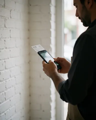 Homme de profil tenant un ticket et un téléphone portable près de l'entrée d'un studio avec un mur de briques blanches et une lumière naturelle.