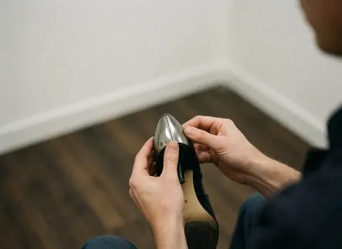 Main tenant le talon d'une chaussure de tango avec embout métallique sur un sol en bois sombre et des murs blancs, détail de chaussures de danse professionnelle
