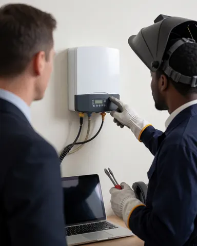 Un technicien en casque et gants examine une unité d'énergie fixée au mur pendant qu'un client observe attentivement la prestation de service.