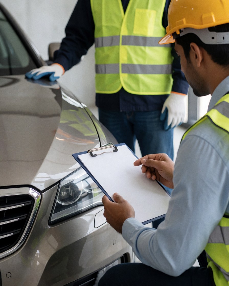 Un employé en casque et gilet de sécurité examine une voiture de tourisme à l'aide d'un formulaire sur une tablette, tandis qu'un client portant des gants observe la procédure.