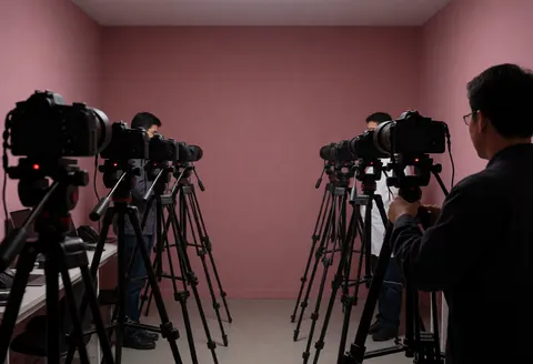 Photographe professionnel ajustant une caméra en studio avec des murs roses et plusieurs caméras sur trépieds prêtes à capturer des effets de mouvement.