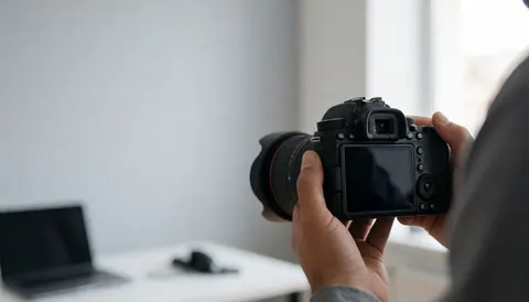Un photographe professionnel examine les réglages de son appareil photo reflex dans un studio avec un mur gris et une lumière naturelle.