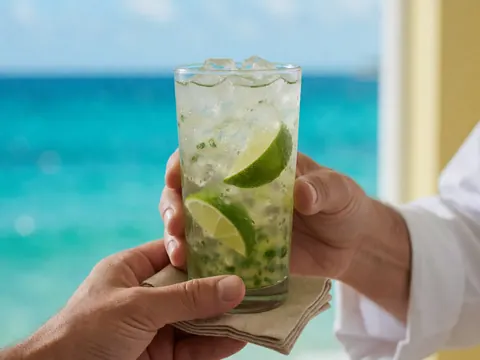 Mains tenant un verre de caipirinha garni de rondelles de citron vert devant une vue sur une mer turquoise, évoquant l'ambiance d'un club de plage.