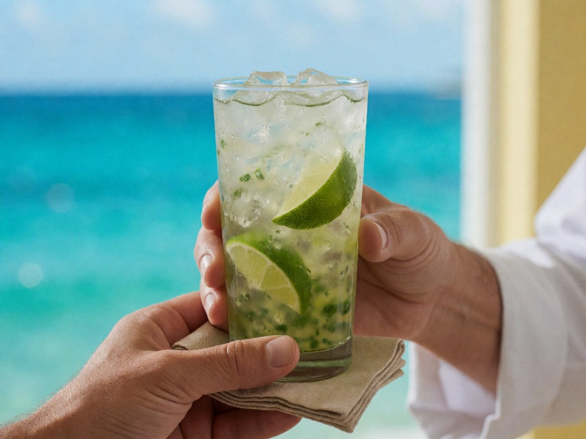 Mains tenant un verre de caipirinha garni de rondelles de citron vert devant une vue sur une mer turquoise, évoquant l'ambiance d'un club de plage.