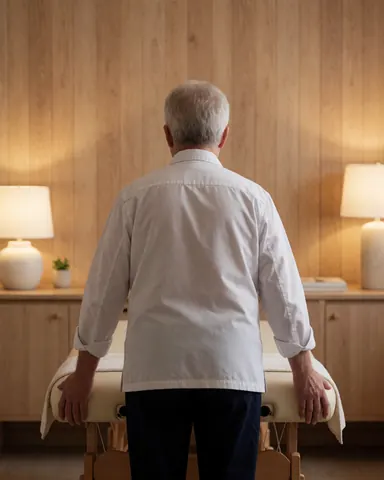 Un thérapeute de dos ajuste une table de massage dans une salle aux murs en bois et aux lampes à lumière chaude, créant une ambiance professionnelle et relaxante.
