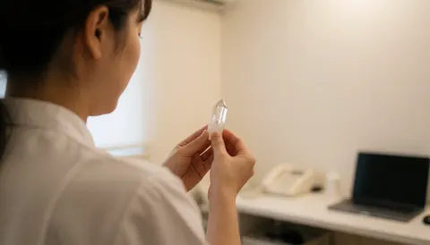Thérapeute en reflexologie tenant un cristal de quartz dans une clinique aux murs blancs chauds, idéal pour une page d'accueil de site web.