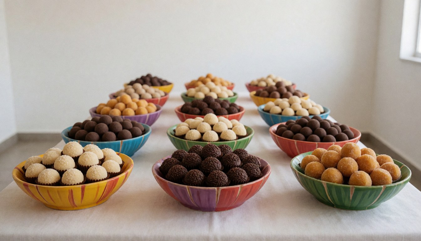 Table de bonbons brésiliens disposée dans des bols colorés sur une nappe blanche, idéale pour les fêtes et les événements d'entreprise.