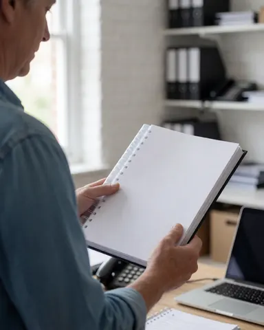 Client adulte tenant un document relié dans un bureau moderne avec étagères et mur en briques blanches éclairé par la lumière naturelle du jour.