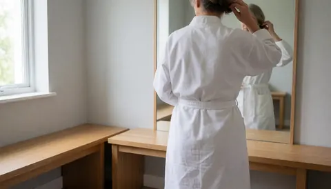 Une femme en blouse blanche ajuste ses cheveux devant un miroir dans une salle de changement avec bancs en bois et lumière naturelle.