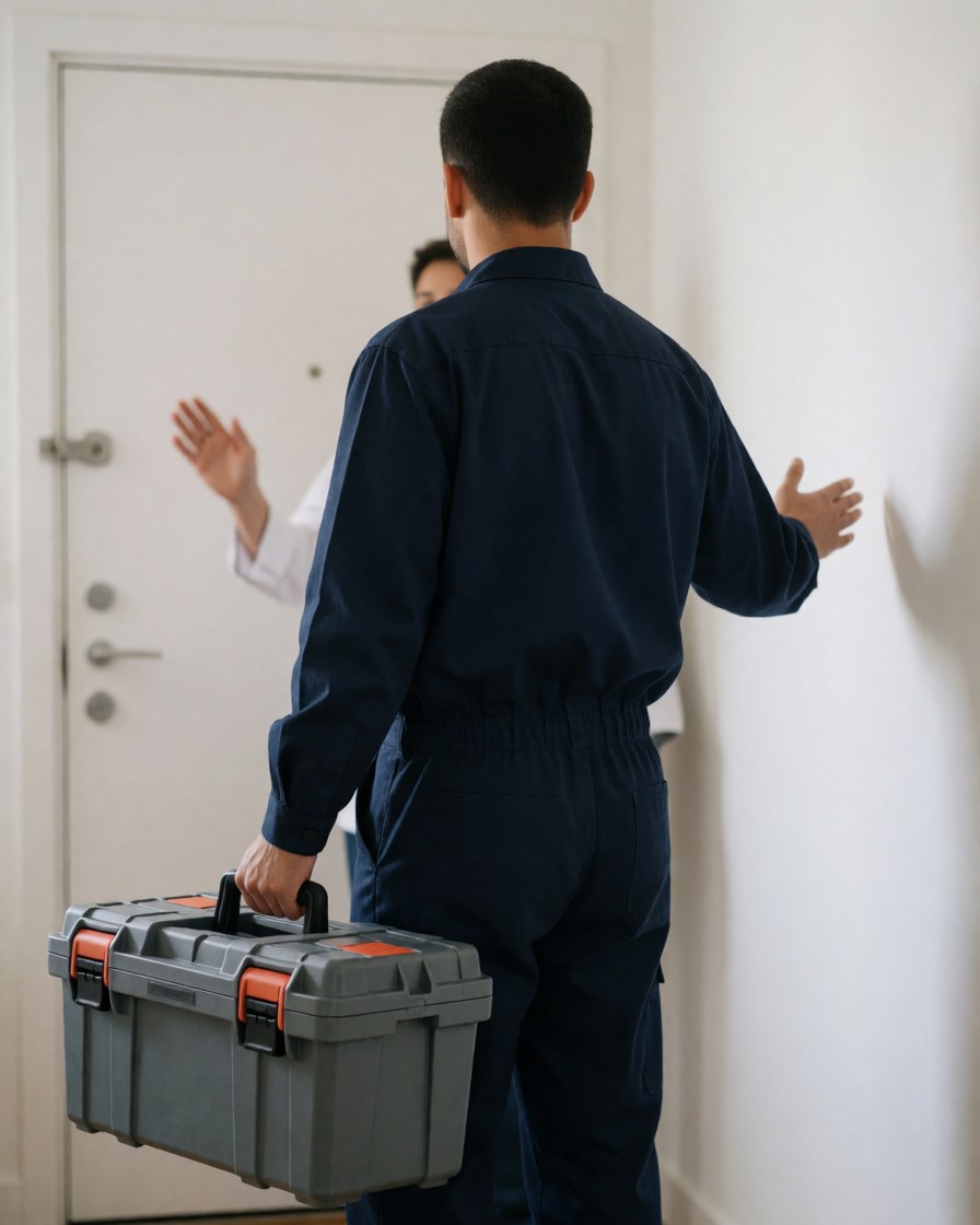Technicien en uniforme tenant une boîte à outils devant une porte, client le saluant, scène réaliste pour services d'installation de caméras de surveillance.
