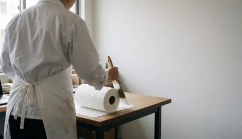 Un artiste en tablier blanc nettoie son pinceau sur un rouleau de papier hygiénique posé sur une table en bois devant un mur blanc.