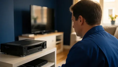Un technicien en uniforme bleu ajuste un décodeur noir sur un meuble blanc dans un salon aux murs bleu foncé avec une télévision en arrière-plan.