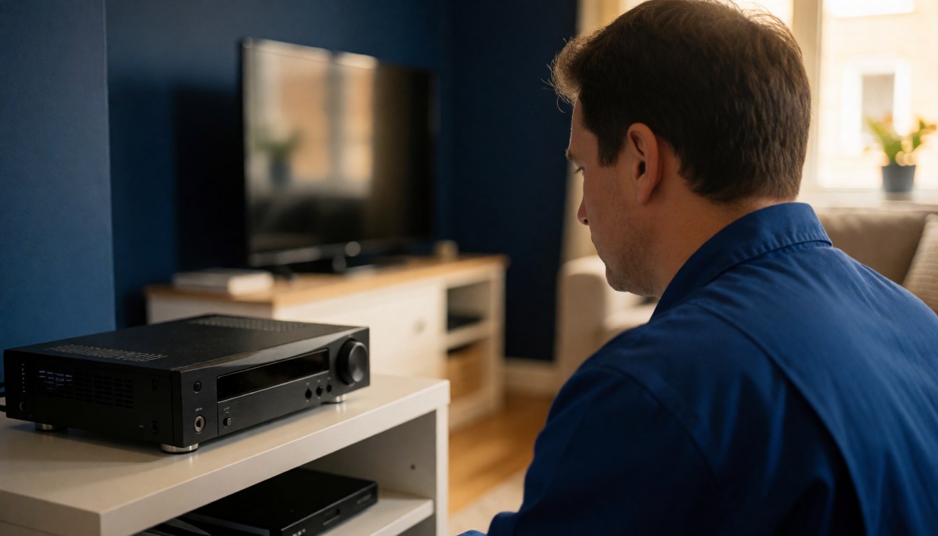 Un technicien en uniforme bleu ajuste un décodeur noir sur un meuble blanc dans un salon aux murs bleu foncé avec une télévision en arrière-plan.