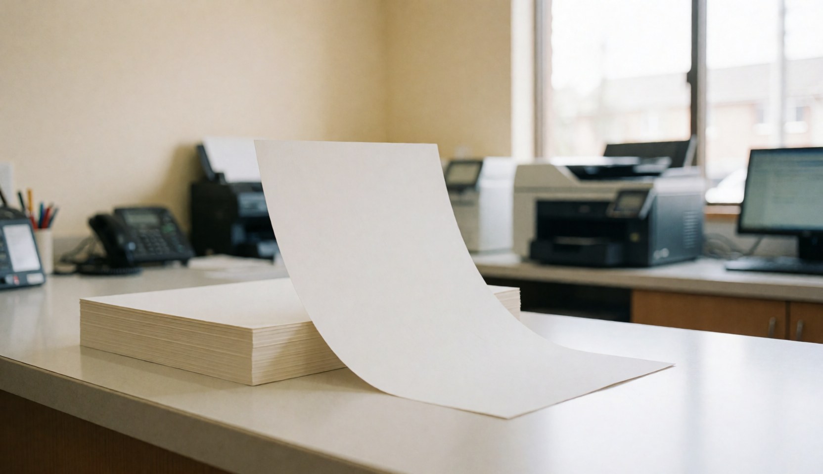 Une pile de papier épais blanc posée sur le comptoir d'une photocopieuse, avec une imprimante et un ordinateur en arrière-plan, évoquant les services de copie et de reliure.
