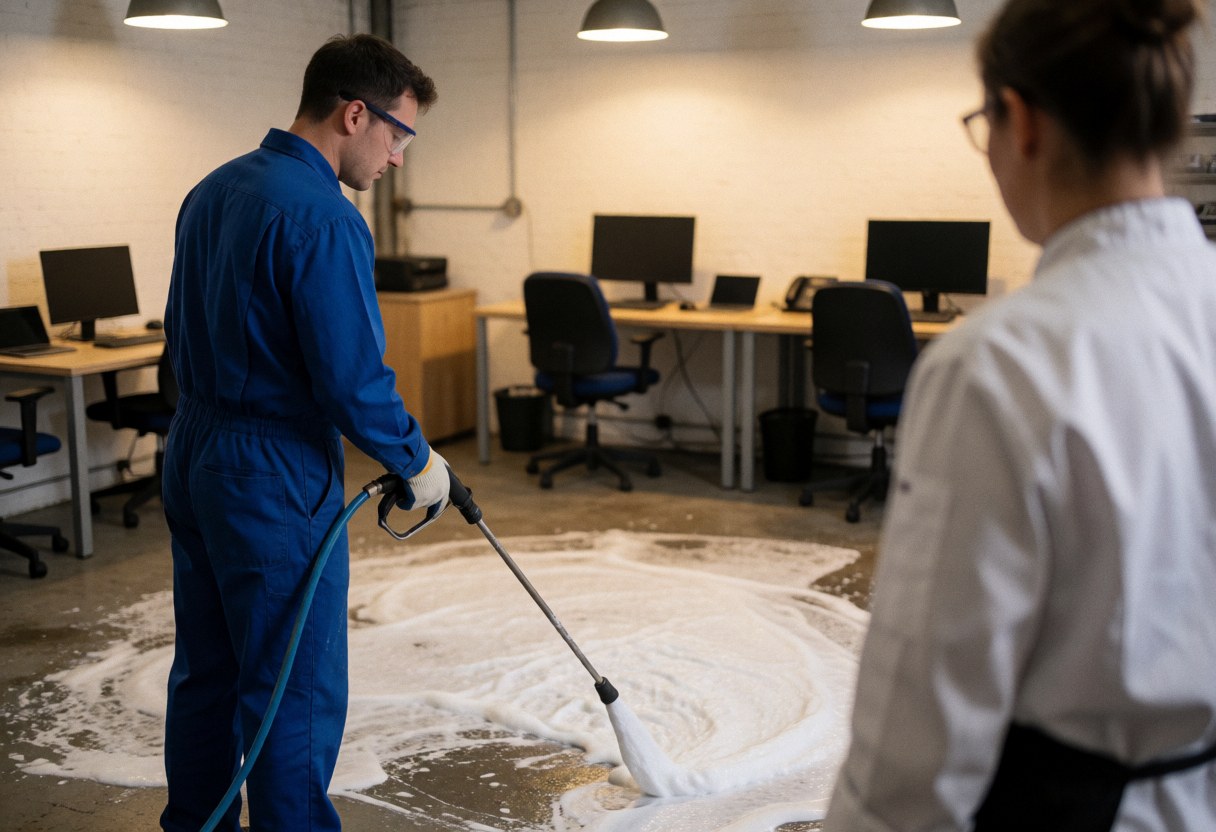Un employé en uniforme bleu projette de la mousse avec un pistolet sur un sol en béton pendant qu'un client en tablier blanc observe le service de nettoyage industriel.