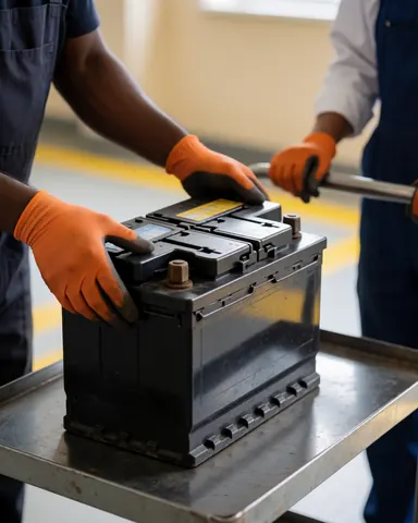 Technicien portant des gants en nitrile installe une batterie de voiture sur un chariot métallique dans un atelier marqué de lignes jaunes de sécurité.