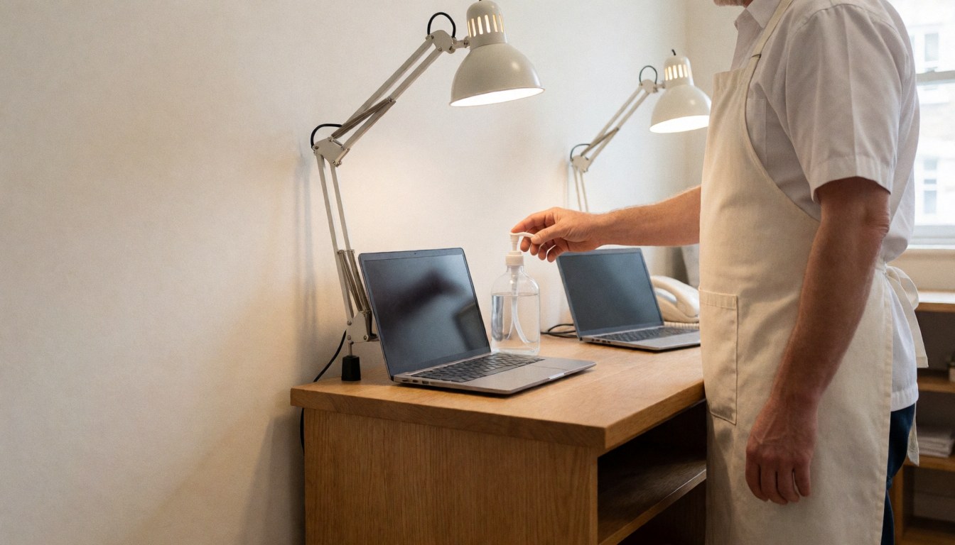 Un professionnel portant un tablier désinfecte méthodiquement son poste de travail en bois. L'éclairage est clair et l'espace est propre et ordonné, laissant un espace vide pour ajouter du texte.
