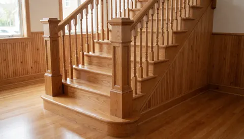 Escalier en bois restauré avec rampe et sol polis, dans une pièce aux murs lambrissés, idéal pour un commerce de restauration de meubles.