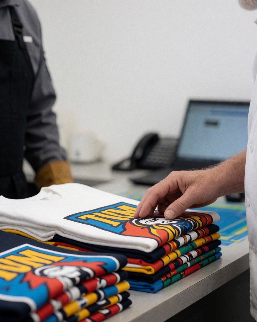 Une cliente touche un t-shirt imprimé dans une boutique. On voit des murs blancs et un comptoir propre. L'ambiance est colorée et le tissu semble doux.