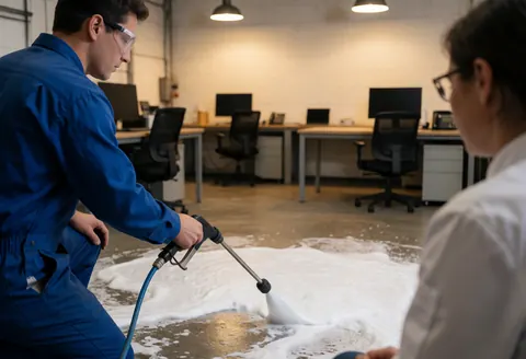 Un ouvrier en lunettes applique de la mousse blanche avec un pistolet sur un sol sale pendant qu'un client observe la scène de nettoyage industriel.