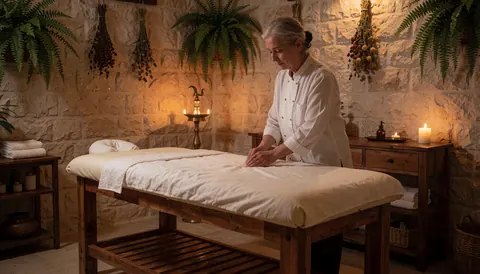 Une praticienne réalise un massage sur une table en bois dans une pièce aux murs de pierre, avec des plantes et une lumière chaleureuse.