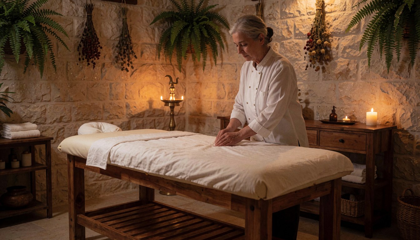 Une praticienne réalise un massage sur une table en bois dans une pièce aux murs de pierre, avec des plantes et une lumière chaleureuse.
