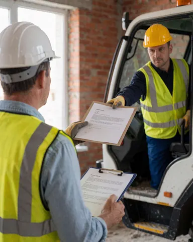 Un opérateur de grue mobile, portant un casque et un gilet de sécurité, remet des documents à un entrepreneur sur un chantier avec des murs en briques.