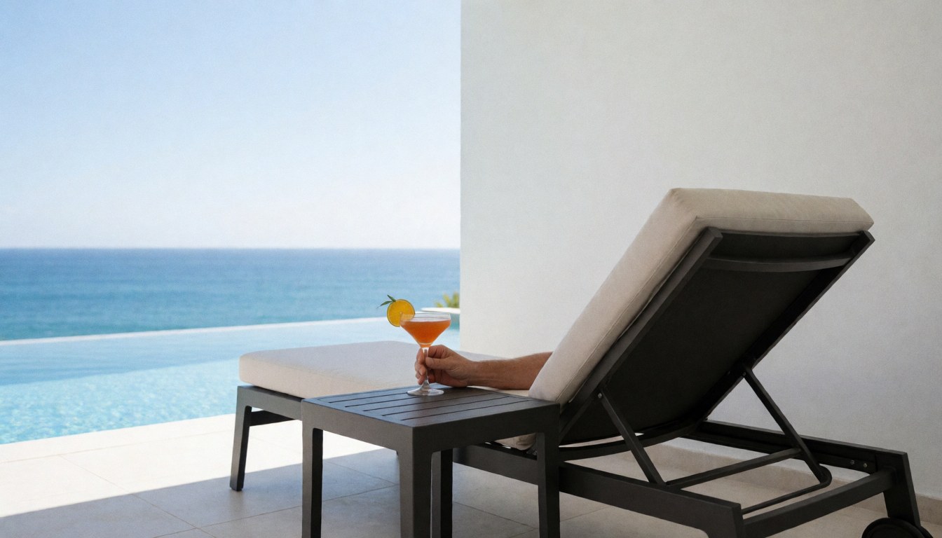 Chaise de piscine avec un cocktail et une vue sur la mer, idéale pour un site web de resort.