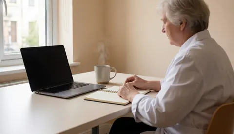 Vue de dessus d'une personne adulte utilisant un ordinateur portable sur une table blanche près d'une fenêtre, accompagnée d'une tasse de café fumant et d'un cahier, sur fond beige.