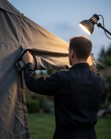 Un employé plie une bâche grise de tente en extérieur au coucher du soleil, dans le cadre d'un service de location de mobilier pour événements.