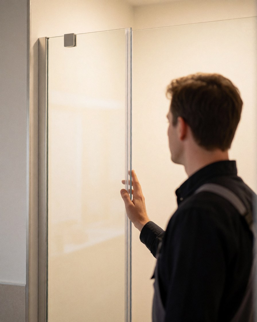 Une cliente inspecte une porte de douche en verre sans cadre dans un bain moderne avec des murs blancs et une lumière douce.