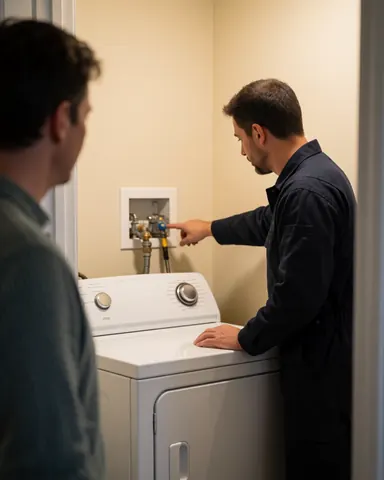 Un technicien examine une vanne à gaz sur un sèche-linge blanc neuf tandis qu'un client observe la scène de réparation dans un intérieur aux murs beiges.