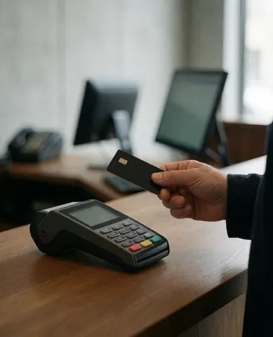 Une main effectue un paiement par carte bancaire sur un terminal de paiement posé sur une table en bois dans un commerce avec un mur en béton.