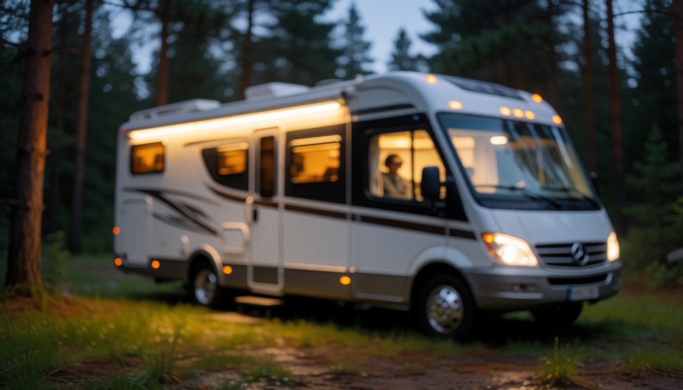 Une camionnette blanche avec les phares allumés, stationnée dans une forêt de pins au crépuscule, idéale comme arrière-plan pour le camping.