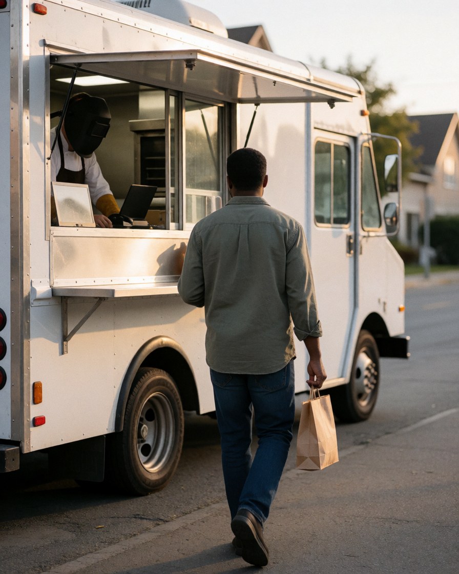 Une cliente heureuse marche dans la rue en tenant un sac de nourriture, avec un camion de restauration mobile blanc en arrière-plan sous la lumière dorée du coucher de soleil.