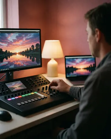 Une main ajuste les paramètres sur un contrôleur vidéo professionnel. L'écran affiche une image avec des tons chauds et une lumière d'ambiance sur un bureau.