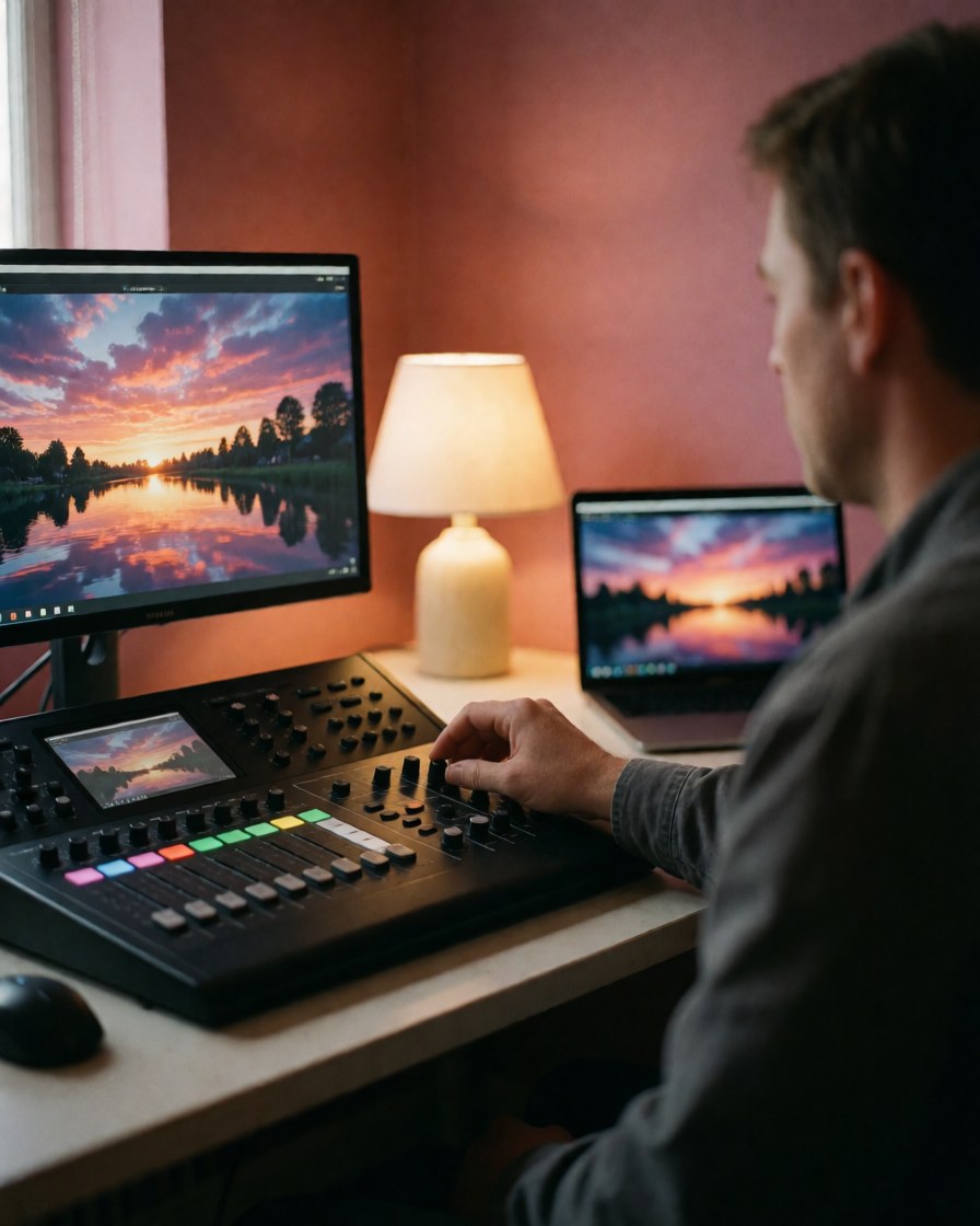 Une main ajuste les paramètres sur un contrôleur vidéo professionnel. L'écran affiche une image avec des tons chauds et une lumière d'ambiance sur un bureau.