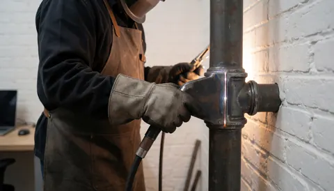 Un soudeur professionnel portant un gant en cuir et un gilet, soudant un tube métallique contre un mur de briques blanches avec des étincelles visibles.
