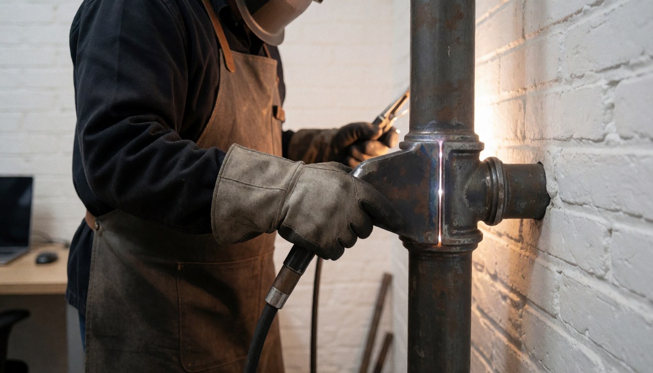 Un soudeur professionnel portant un gant en cuir et un gilet, soudant un tube métallique contre un mur de briques blanches avec des étincelles visibles.
