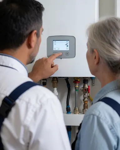 Un plombier en uniforme explique le fonctionnement de l'écran digital d'un chauffe-eau à une cliente attentive.